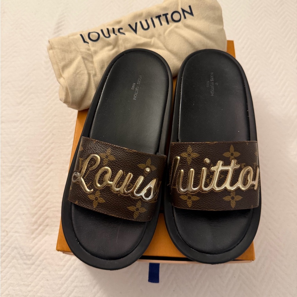 Louis Vuitton Black and Brown Logo Slides